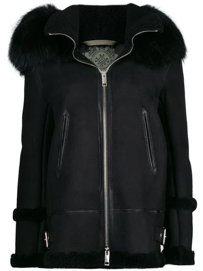 Mr & Mrs Italy Fur Hood Shearling Jacket In Black