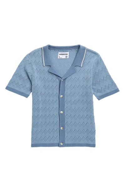 Sovereign Code Kids' Slogan Pointillé Cotton Short Sleeve Button-down Sweater In Blue Shadow