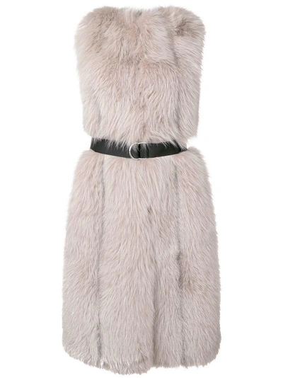 Blancha Belted Long Fur Gilet In Nude & Neutrals
