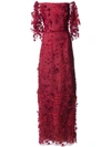 Marchesa Notte Flutter Sleeve Embroidered Column Gown In Red
