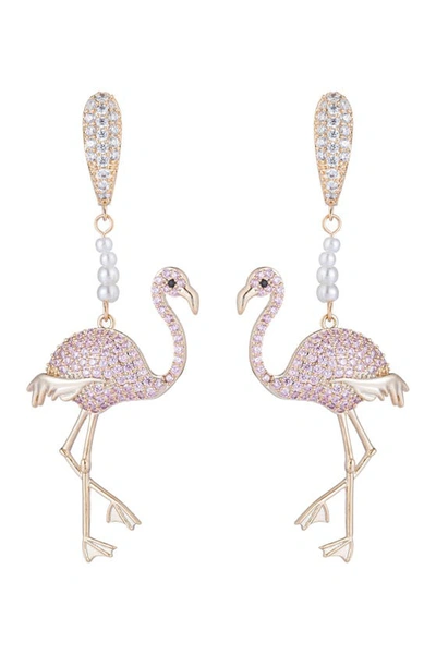 Eye Candy Los Angeles Pave Cz Pink Flamingo Drop Earrings In Gold
