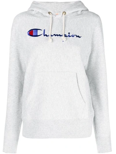Champion Logo Embroidered Hoodie In Grey