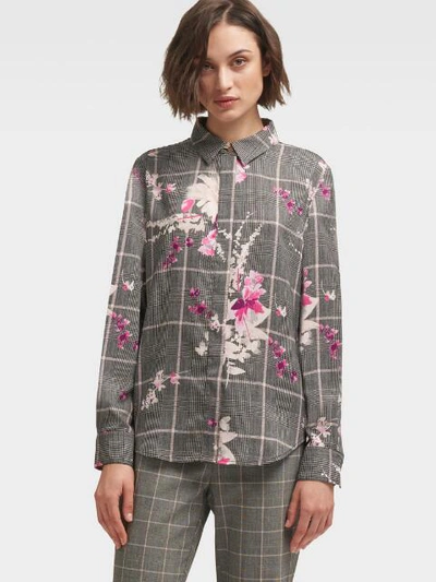Donna Karan Floral Check Button-up Shirt In Black Combo