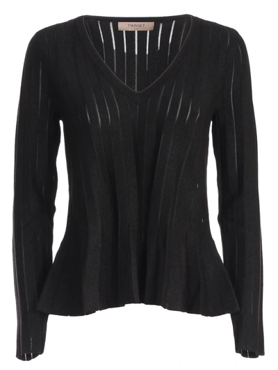 Twinset Twin-set Ribbed Detail Sweater In Nero Lurex