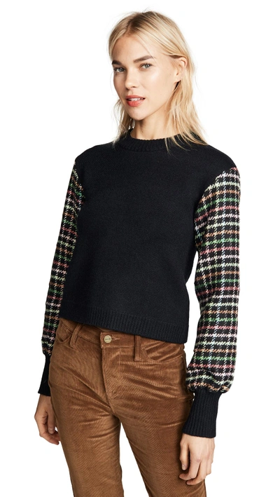 English Factory Checkered Sleeve Knit Top In Black