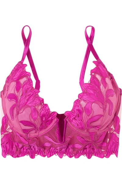 Fleur Du Mal Lily Embroidered Satin And Stretch-tulle Underwired Bra In Fuchsia