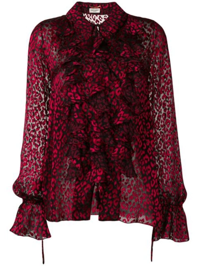 Saint Laurent Sheer Leopard Print Shirt In Red