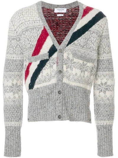 Thom Browne Striped Fair Isle Wool And Mohair-blend Cardigan In Grey