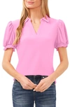Cece Puff Sleeve Johnny Collar Knit Top In Bright Peony Pink