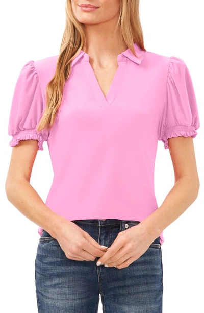 Cece Puff Sleeve Johnny Collar Knit Top In Bright Peony Pink