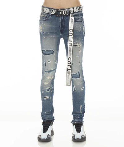 Cult Of Individuality Punk Super Skinny Stretch W/ White Belt In Basil In Blue