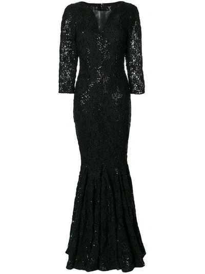 Talbot Runhof Long Crochet V-neck Dress In Black