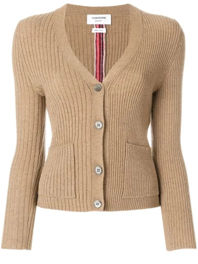 Thom Browne Half-and-half Rib Knit Striped Camel Hair Cardigan - Neutrals