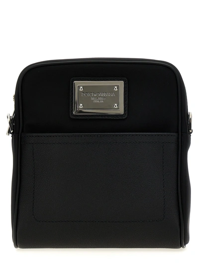 Dolce & Gabbana Logo Plaque Shoulder Strap Crossbody Bags In Black