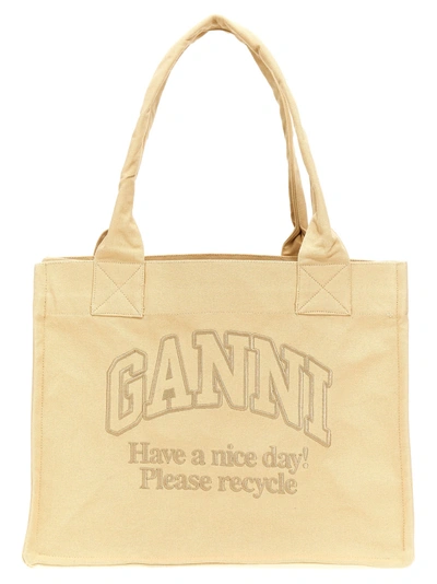 Ganni Logo Embroidery Shopping Bag Tote Bag In Gold