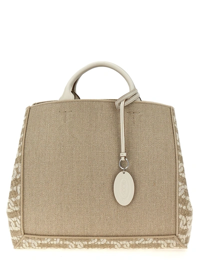 Tod's Logo Canvas Shopping Bag Tote Bag In Beige