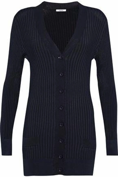 Ganni Metallic Ribbed-knit Cardigan In Navy