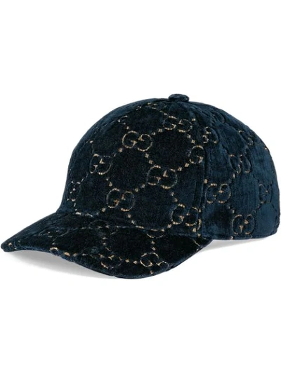 Gucci Gg Embroidered Velvet Baseball Cap In Blue