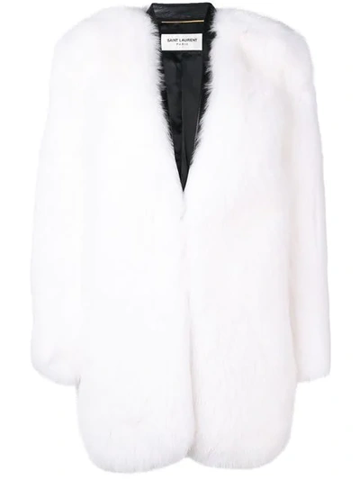Saint Laurent Collarless Fur Coat In White