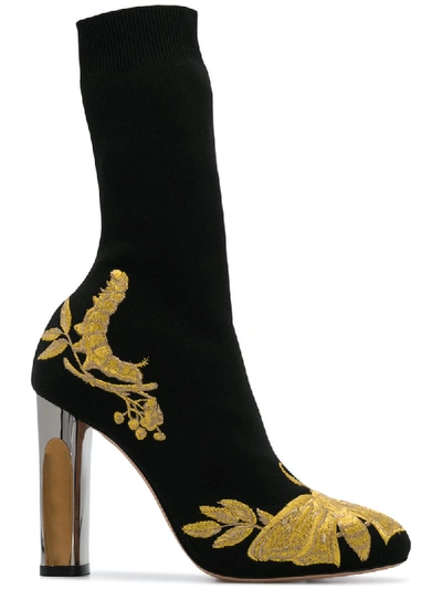 Alexander Mcqueen Embroidered Stretch-knit Ankle Boots In Black