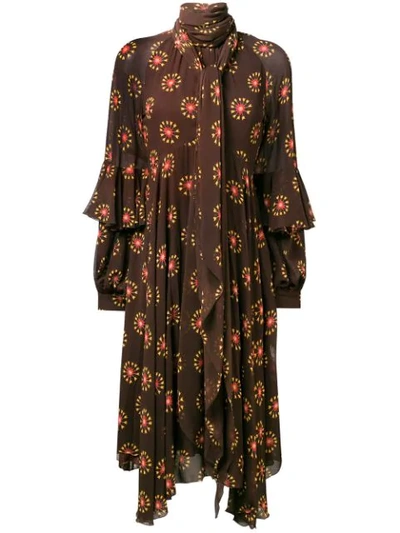 Etro Ruffle Sleeve Print Silk Dress In Brown