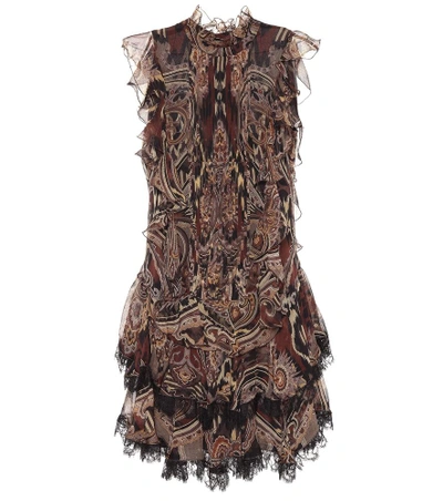Etro Lace-trimmed Printed Silk-crepe Mini Dress In Brown