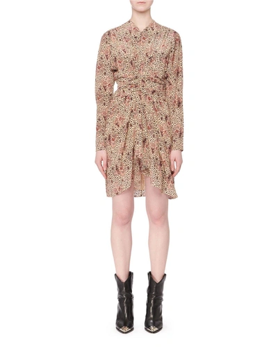 Isabel Marant Long-sleeve Printed Silk Asymmetric Mini Dress In Beige