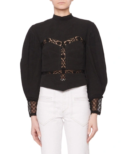 Isabel Marant Mock-neck Volume-sleeve Linen Bustier Blouse W/ Lace, Black