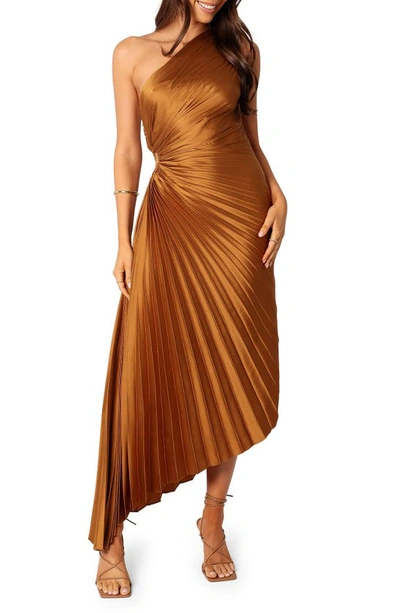 Petal And Pup Kleo One-shoulder Pleated Maxi Dress In Golden Ochre