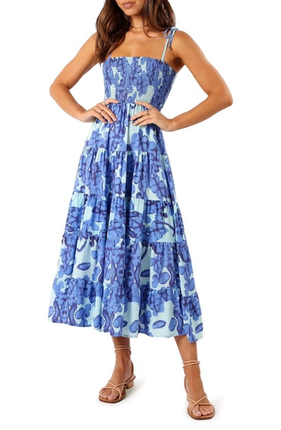 Petal And Pup Amarie Floral Tie Strap Smocked Midi Sundress In Blue