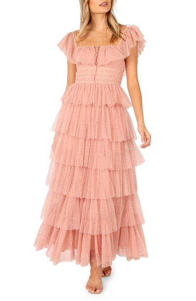 Petal And Pup Belle Swiss Dot Tulle Tiered Maxi Dress In Blush