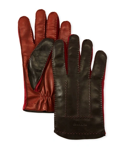 Etro Men's Colorblock Leather Gloves In Brown Pattern