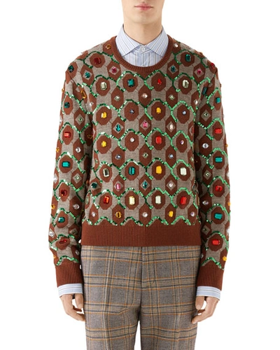 Gucci Men's Jewel-embellished Jacquard Sweater In Brown