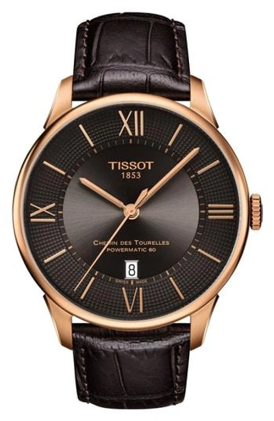 Tissot Chemin Des Tourelles Powermatic 80 Watch, 42mm In Brown/ Gunmetal/ Rose Gold