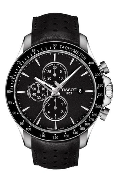 Tissot V8 Automatic Chronograph Leather Strap Watch, 45mm In Black/ Silver