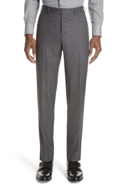 Canali Flat Front Solid Wool Trousers In Charcoal