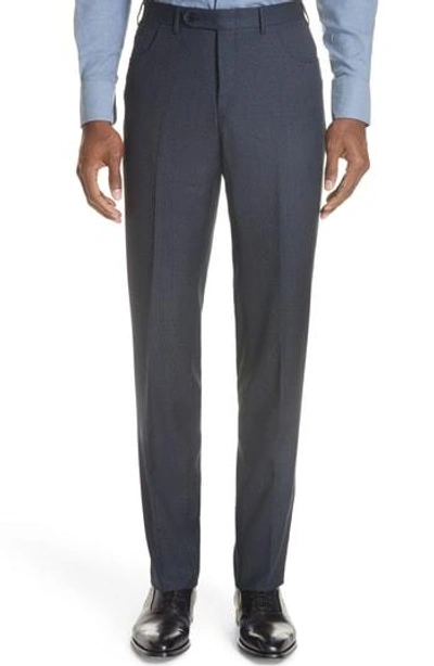 Canali Flat Front Solid Wool Trousers In Navy