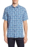 Tommy Bahama Poquito Geo Print Silk Sport Shirt In Cobalt Sea