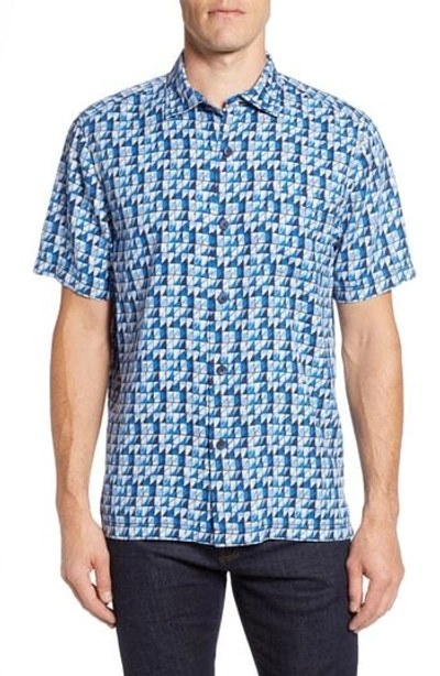 Tommy Bahama Poquito Geo Print Silk Sport Shirt In Cobalt Sea