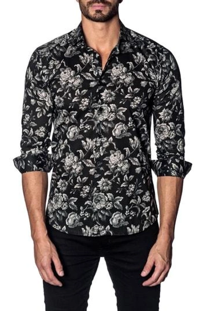 Jared Lang Trim Fit Sport Shirt In Black Grey Floral Print