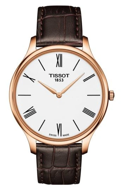 Tissot Tradition 5.5 Round Leather Strap Watch, 39mm In Brown/ White/ Rose Gold