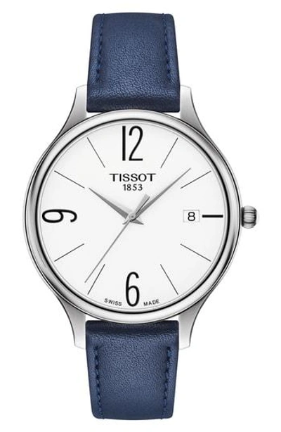 Tissot Bella Ora Round Watch & Leather Strap Set, 38mm In Blue/ White/ Silver