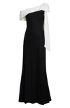 Tadashi Shoji Cassia Colorblock Bow-shoulder Crepe Gown In Black/ White