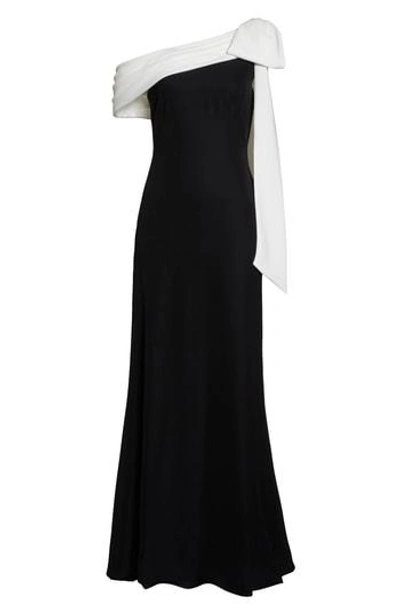 Tadashi Shoji Cassia Colorblock Bow-shoulder Crepe Gown In Black/ White