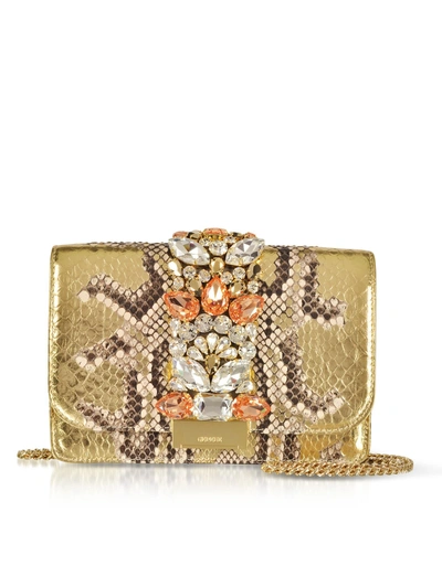 Gedebe Cliky Roccia Gold Python Clutch W/crystals And Chain Strap