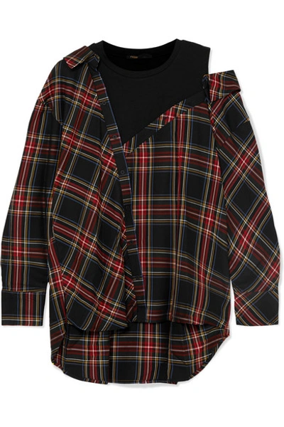 Maje Layered Plaid Twill And Stretch-cotton Jersey Top In Checked