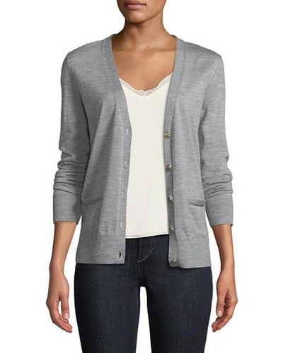 Tory Burch Madeline Relaxed V-neck Merino Cardigan In Medium Gray