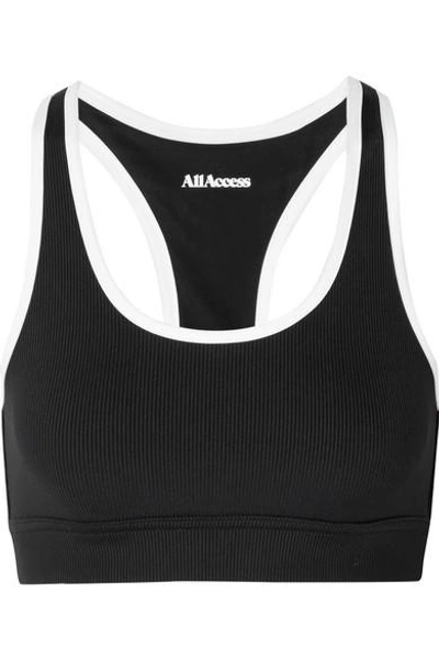 All Access Front Row Two-tone Ribbed Stretch Sports Bra In Black