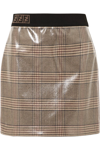 Fendi Prince Of Wales Checked Glossed-wool Mini Skirt In Gray