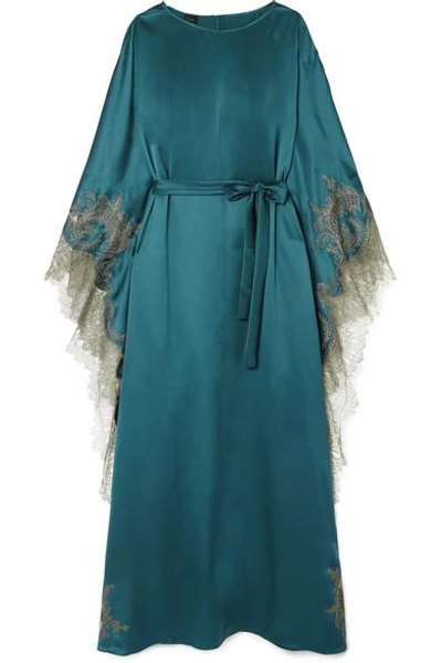 Carine Gilson Chantilly Lace-trimmed Silk-satin Kaftan In Petrol